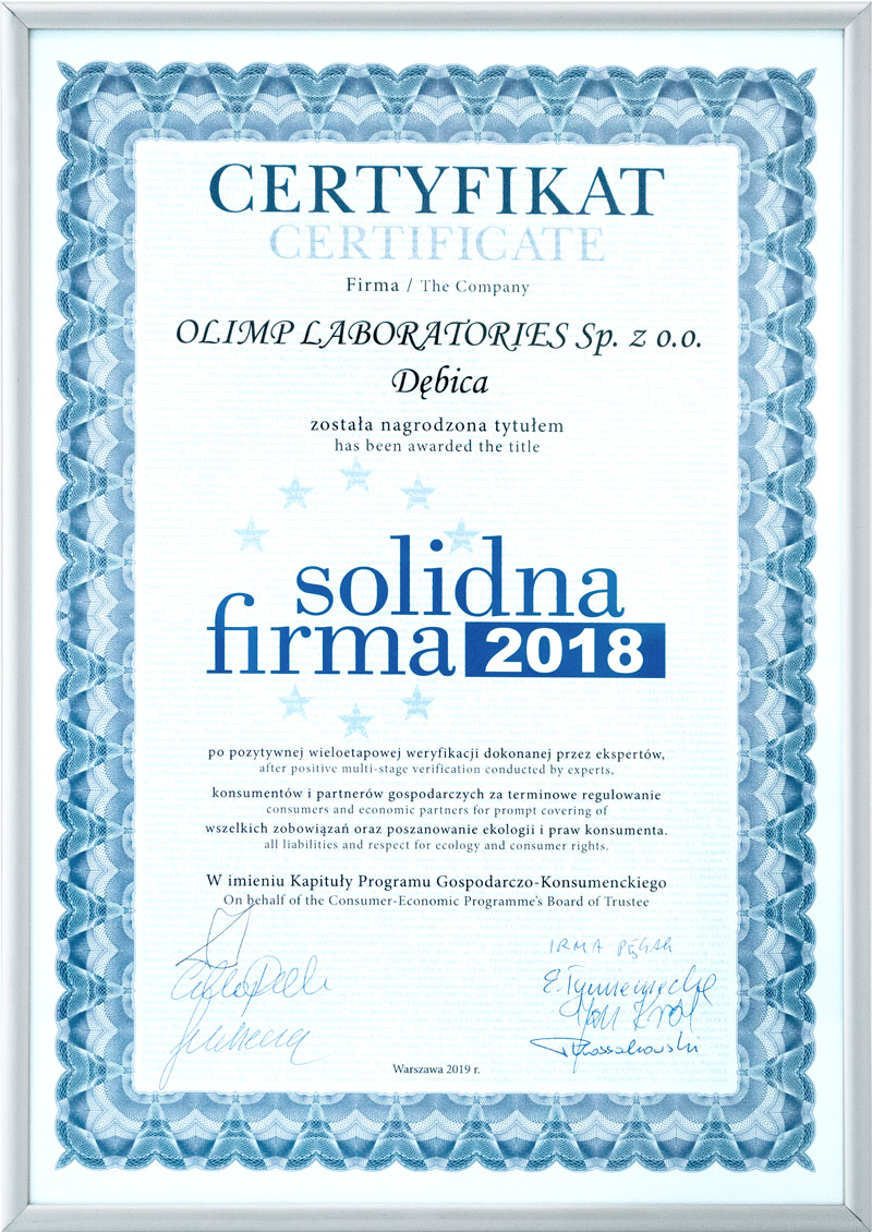 Firma Olimp Laboratories nagrodzona tytułem Solidna Firma 2018